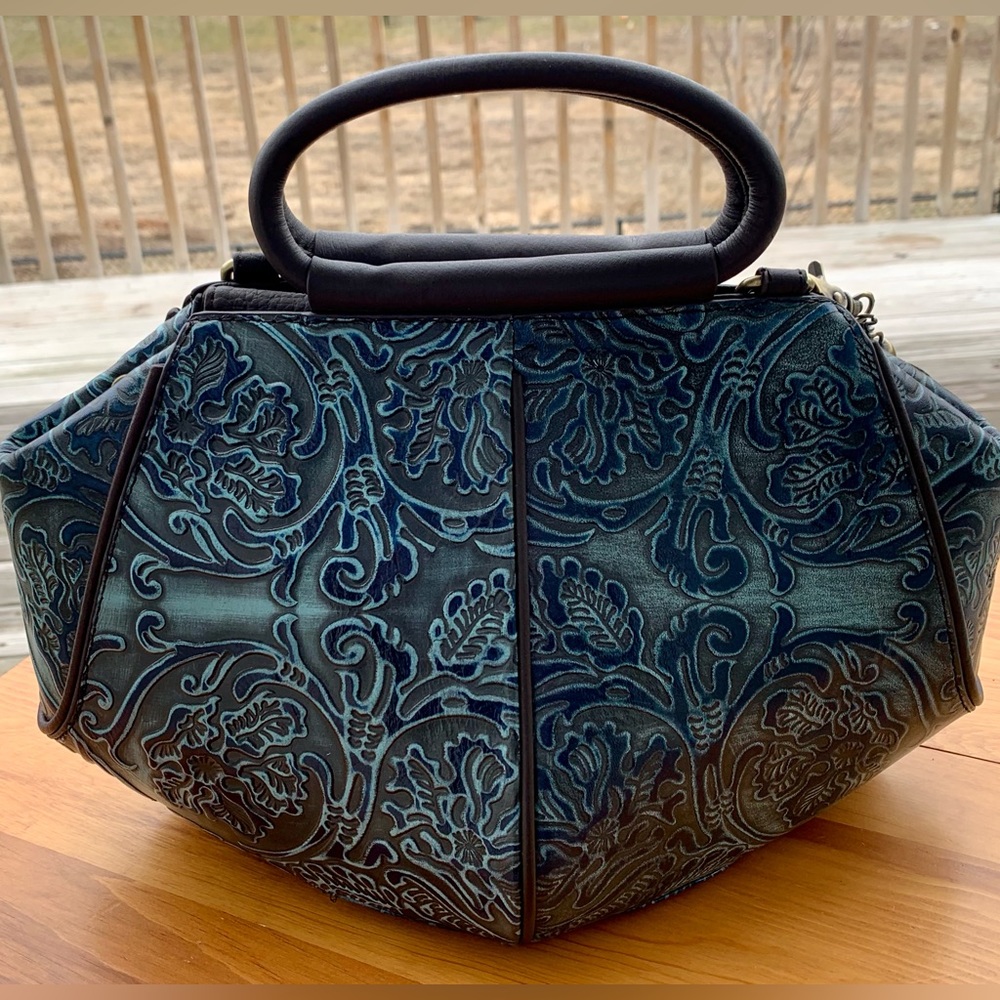 Rococo Blue Tooled Handbag with Shoulder Strap